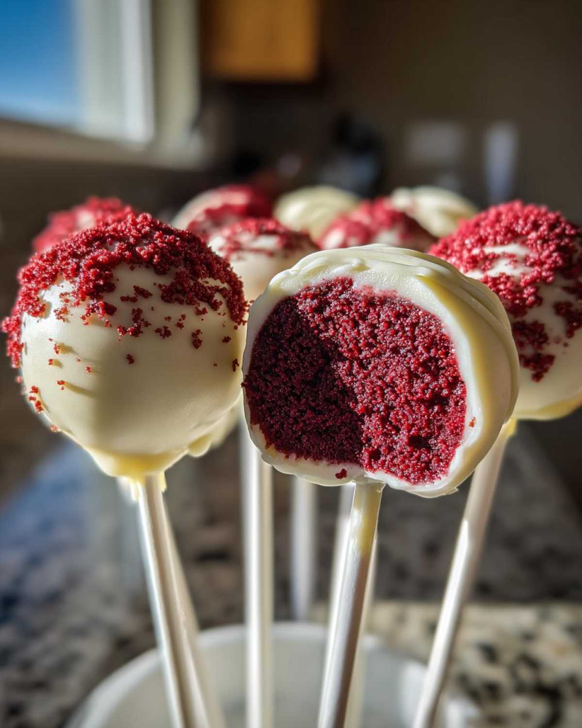 Close-up of white chocolate coated red velvet cake pops, one cut open showing the vibrant red interior and red crumb topping.