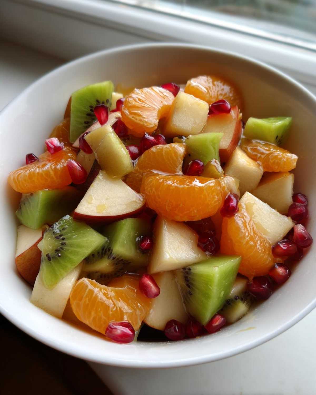 Close-up of a bright winter fruit salad featuring kiwi, mandarin segments, apple chunks, and pomegranate seeds in a white bowl.