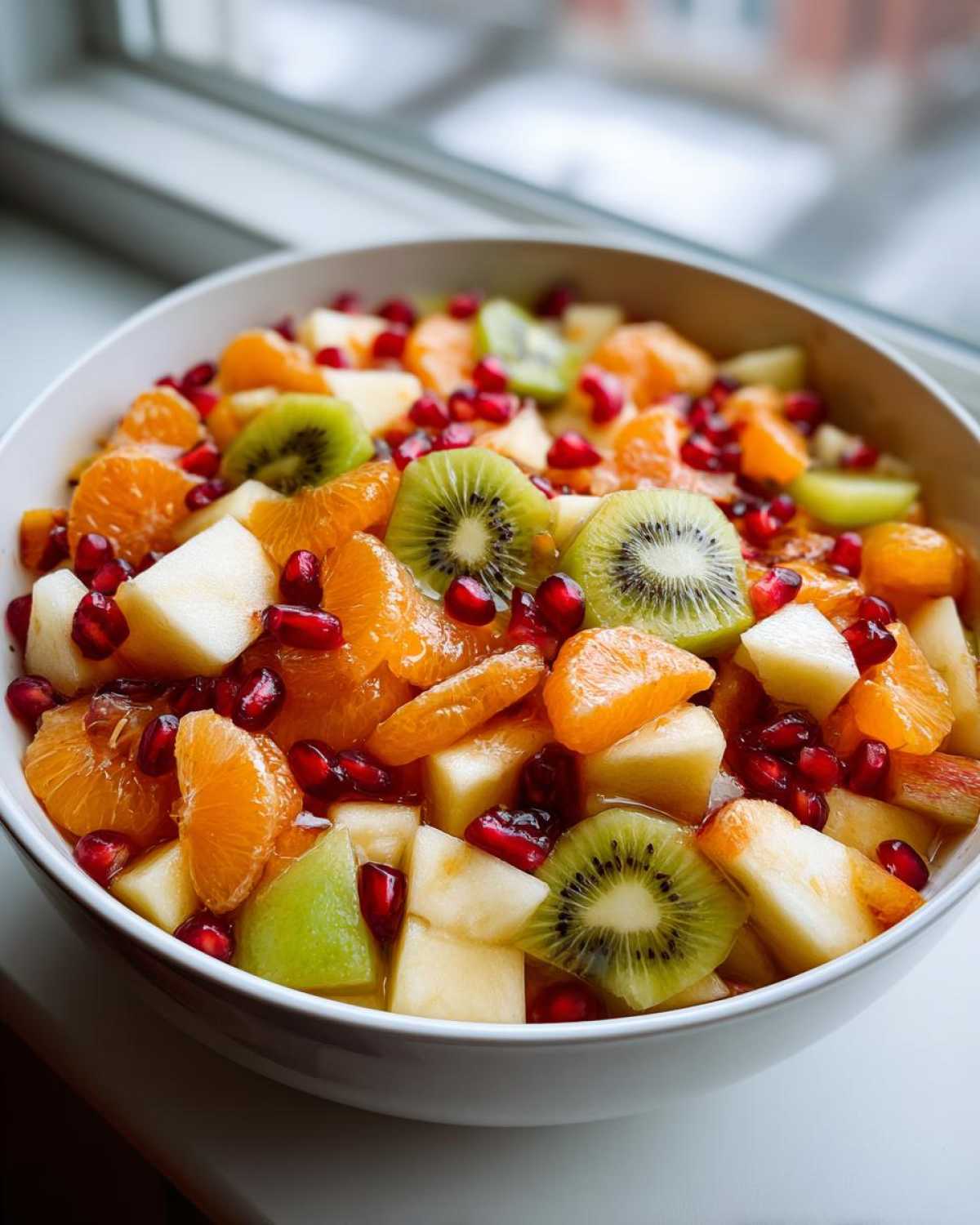 Close-up of a bowl filled with vibrant winter fruit salad featuring kiwi slices, mandarin segments, apple chunks, and pomegranate seeds.
