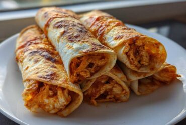Close-up of several golden, crispy Air Fryer Crispy Buffalo Chicken Taquitos piled on a white plate.