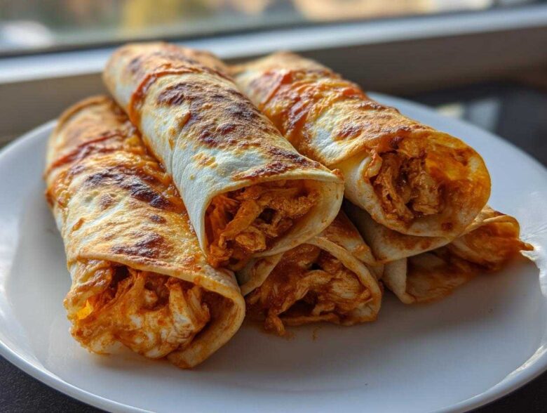 Close-up of several golden, crispy Air Fryer Crispy Buffalo Chicken Taquitos piled on a white plate.
