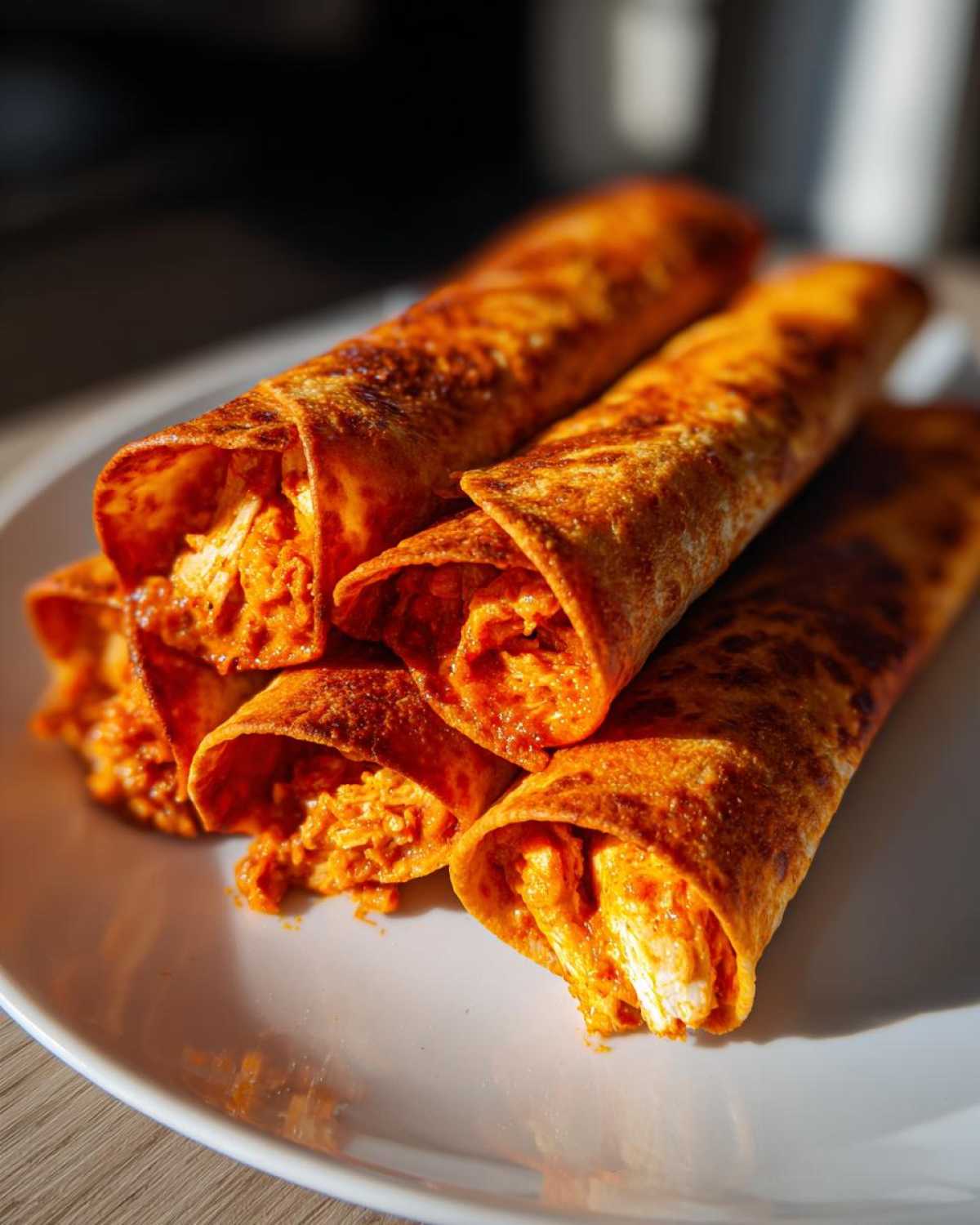 A stack of crispy Air Fryer Crispy Buffalo Chicken Taquitos with bright orange filling, served on a white plate.