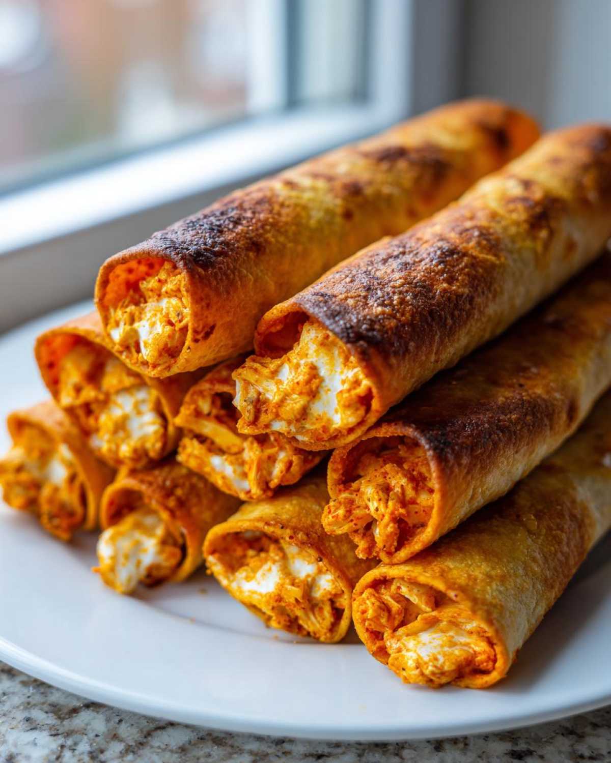 A stack of crispy Air Fryer Buffalo Chicken Taquitos showing the orange buffalo chicken and cream cheese filling.