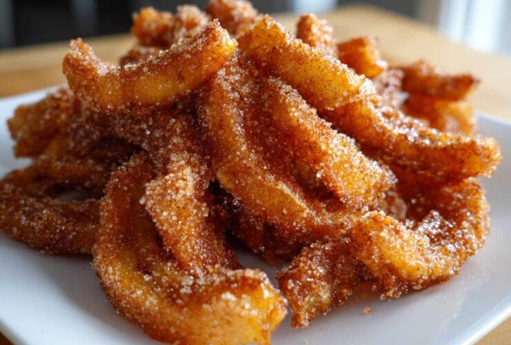 A close-up of Air Fryer Crispy Cinnamon Sugar Banana Chips piled on a white plate.