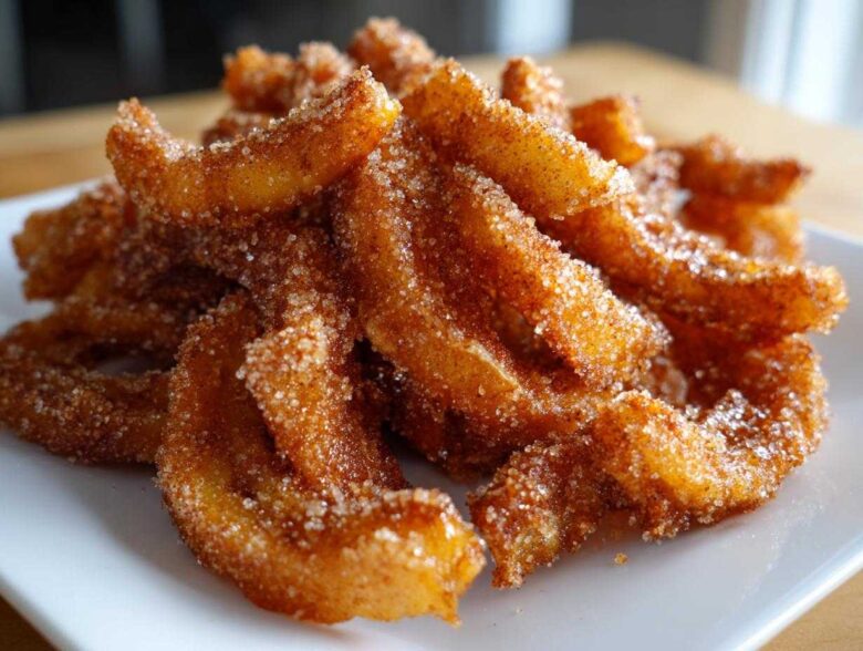 A close-up of Air Fryer Crispy Cinnamon Sugar Banana Chips piled on a white plate.