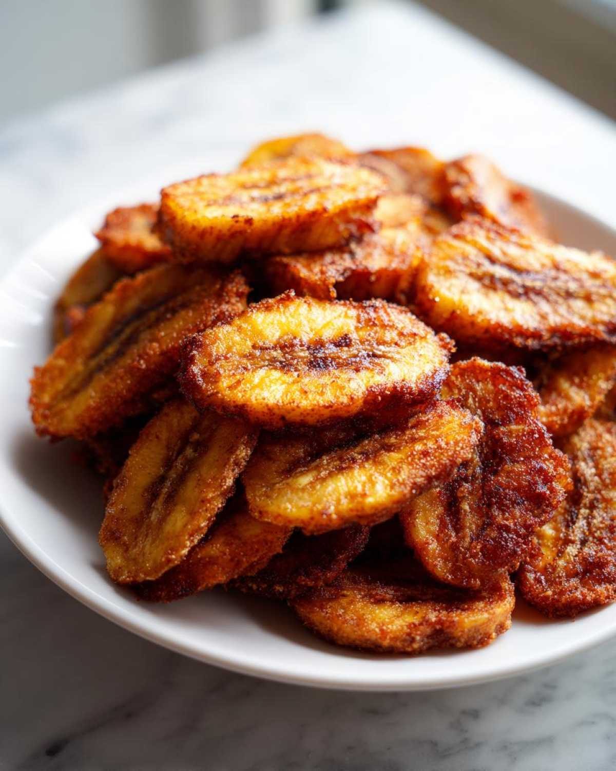A pile of golden brown Air Fryer Crispy Cinnamon Sugar Banana Chips served on a white plate.