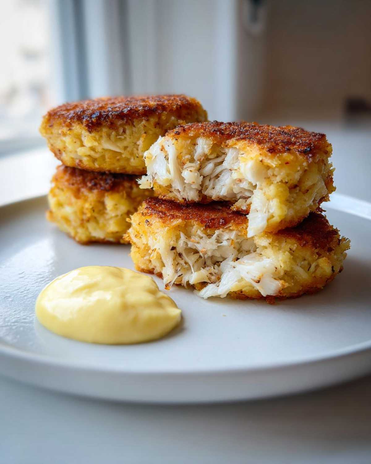 Close-up of three golden brown Air Fryer Crispy Crab Cakes stacked, one broken open showing flaky white crab meat, served with lemon aioli.
