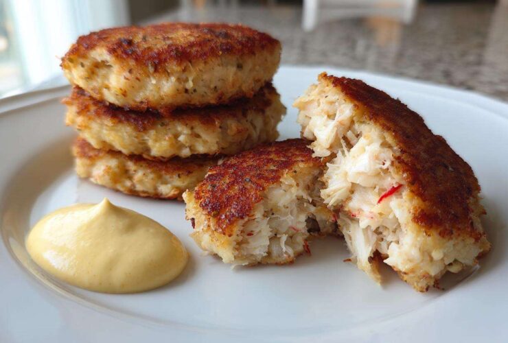 Stack of golden brown Air Fryer Crispy Crab Cakes served with a dollop of yellow lemon aioli.