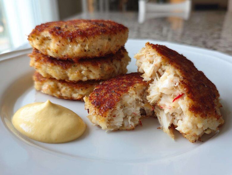 Stack of golden brown Air Fryer Crispy Crab Cakes served with a dollop of yellow lemon aioli.