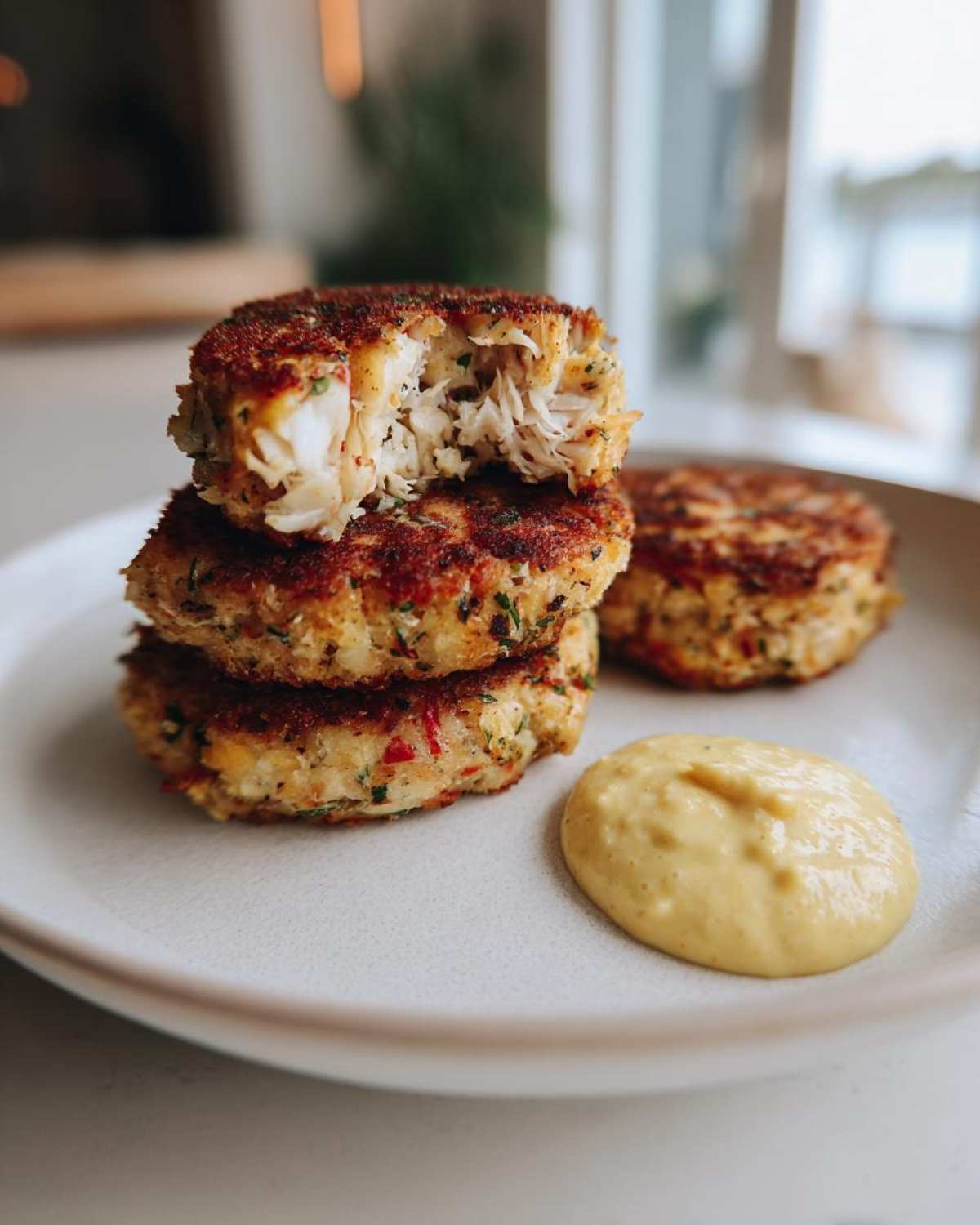 A stack of three golden brown Air Fryer Crispy Crab Cakes, one broken open to show flaky crab meat, served with lemon aioli.