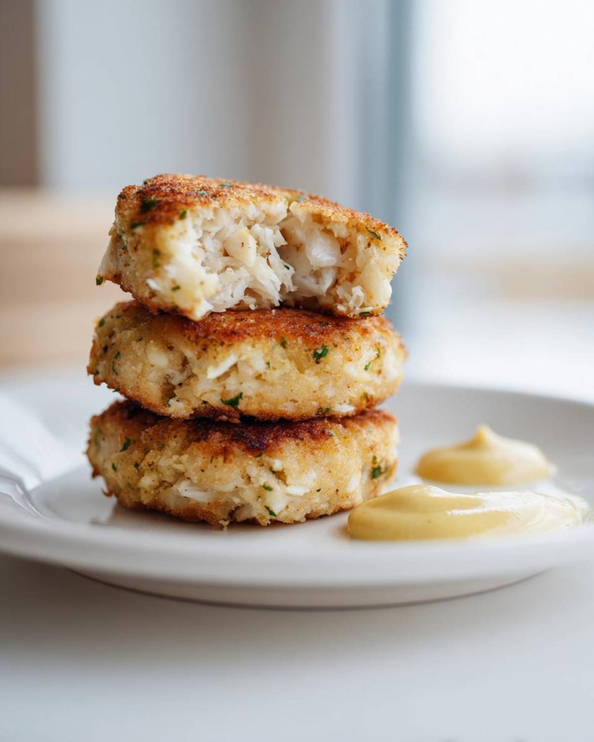Three stacked Air Fryer Crispy Crab Cakes, one cut open showing flaky white crab meat, served with dollops of lemon aioli.