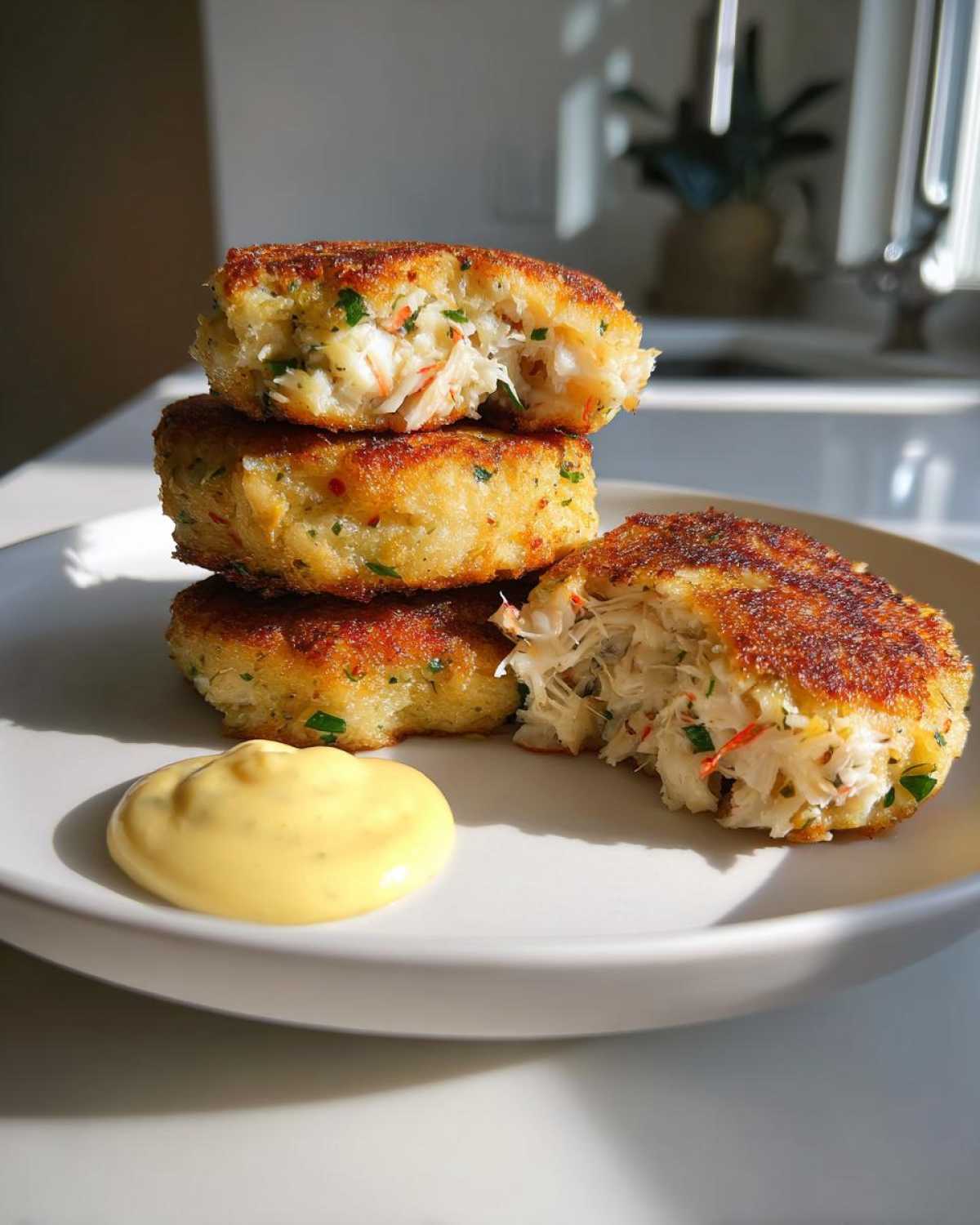 Three stacked and one halved Air Fryer Crispy Crab Cakes with a dollop of lemon aioli on a white plate.
