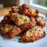 A pile of golden brown Air Fryer Crispy Garlic Parmesan Chicken Wings topped with grated cheese and parsley.