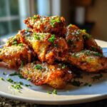 A pile of golden brown Air Fryer Crispy Garlic Parmesan Chicken Wings topped with grated cheese and fresh parsley.