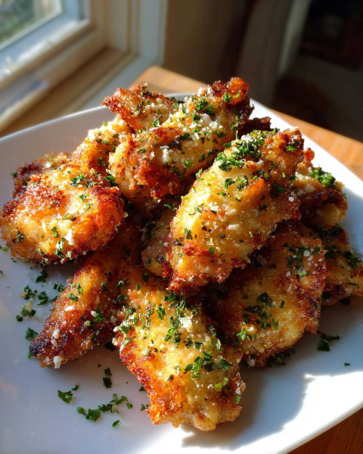 A pile of golden brown Air Fryer Crispy Garlic Parmesan Chicken Wings topped with grated cheese and parsley.