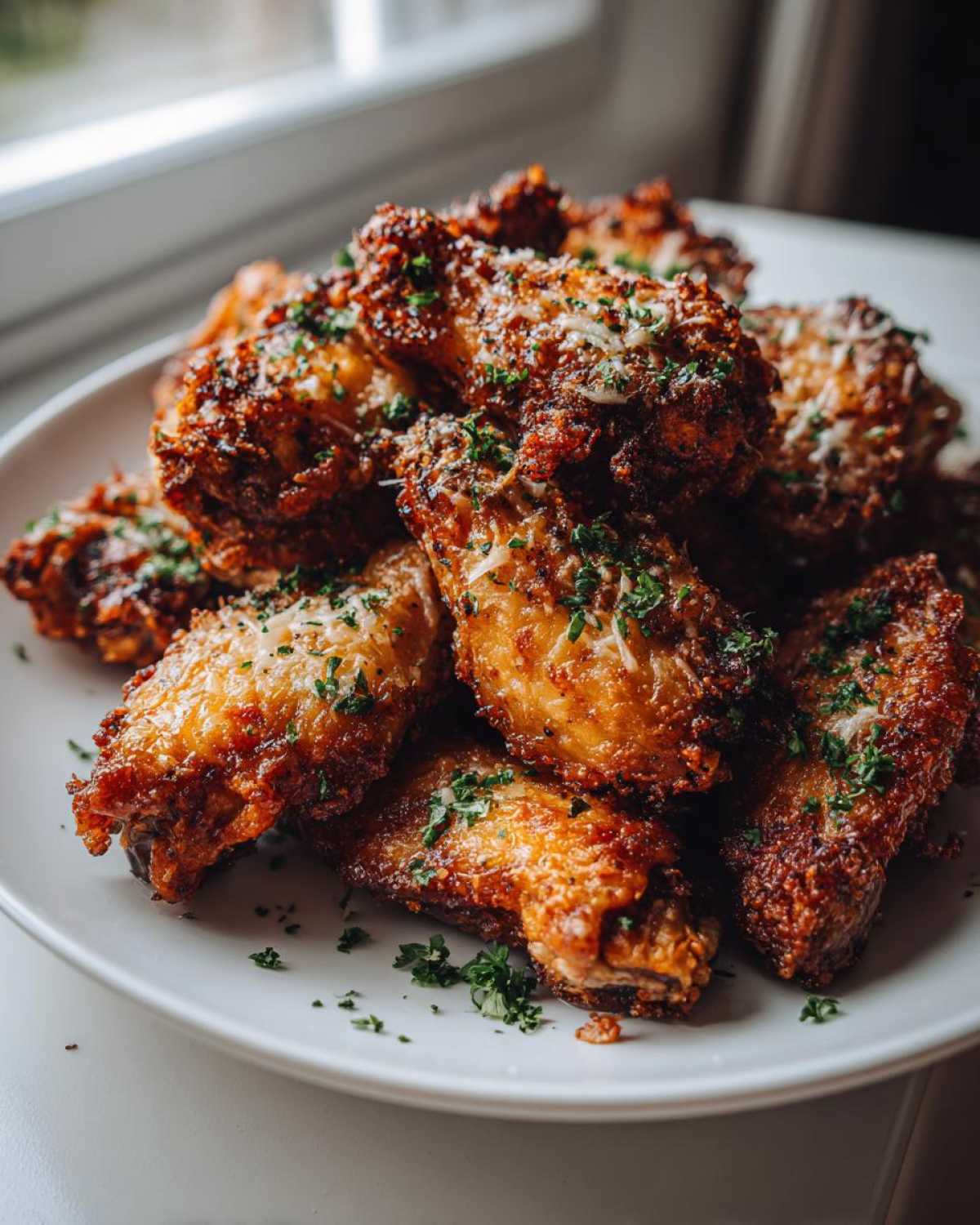 A close-up of a pile of Air Fryer Crispy Garlic Parmesan Chicken Wings topped with grated cheese and parsley.