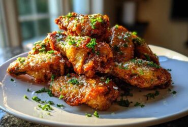 A pile of golden brown Air Fryer Crispy Garlic Parmesan Chicken Wings topped with grated cheese and fresh parsley.