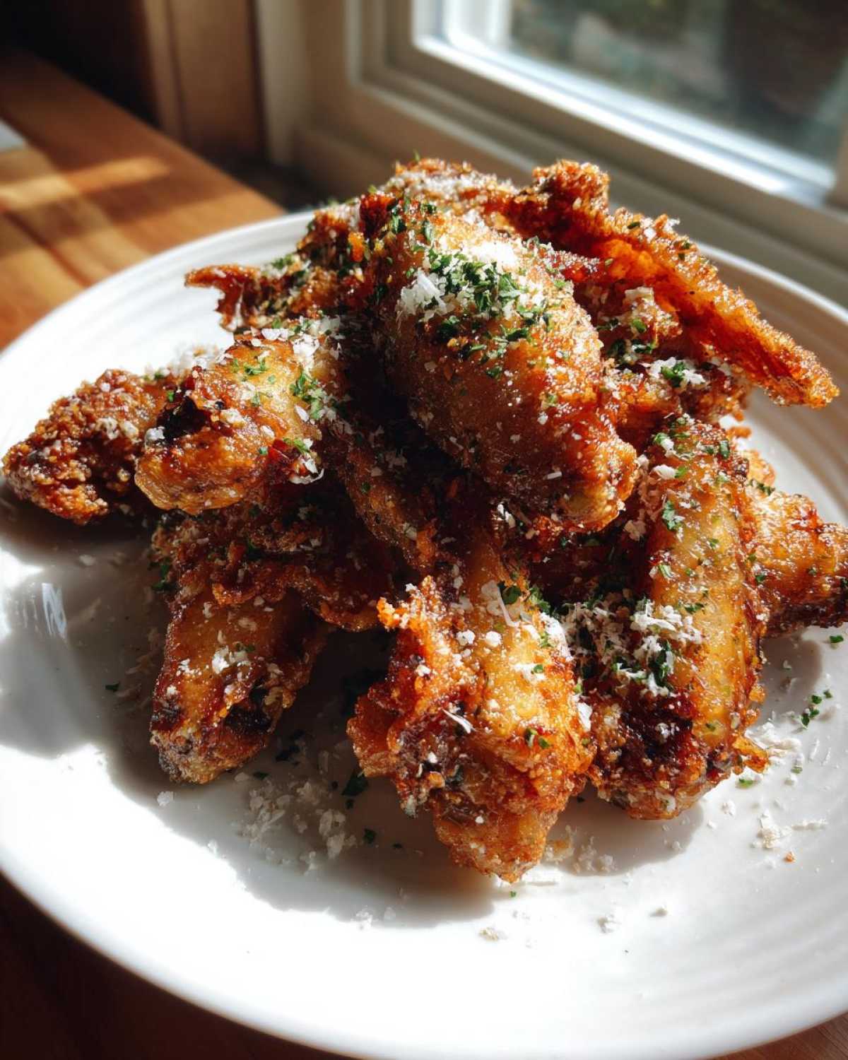 A pile of crispy Air Fryer Crispy Garlic Parmesan Chicken Wings topped with grated cheese and parsley.