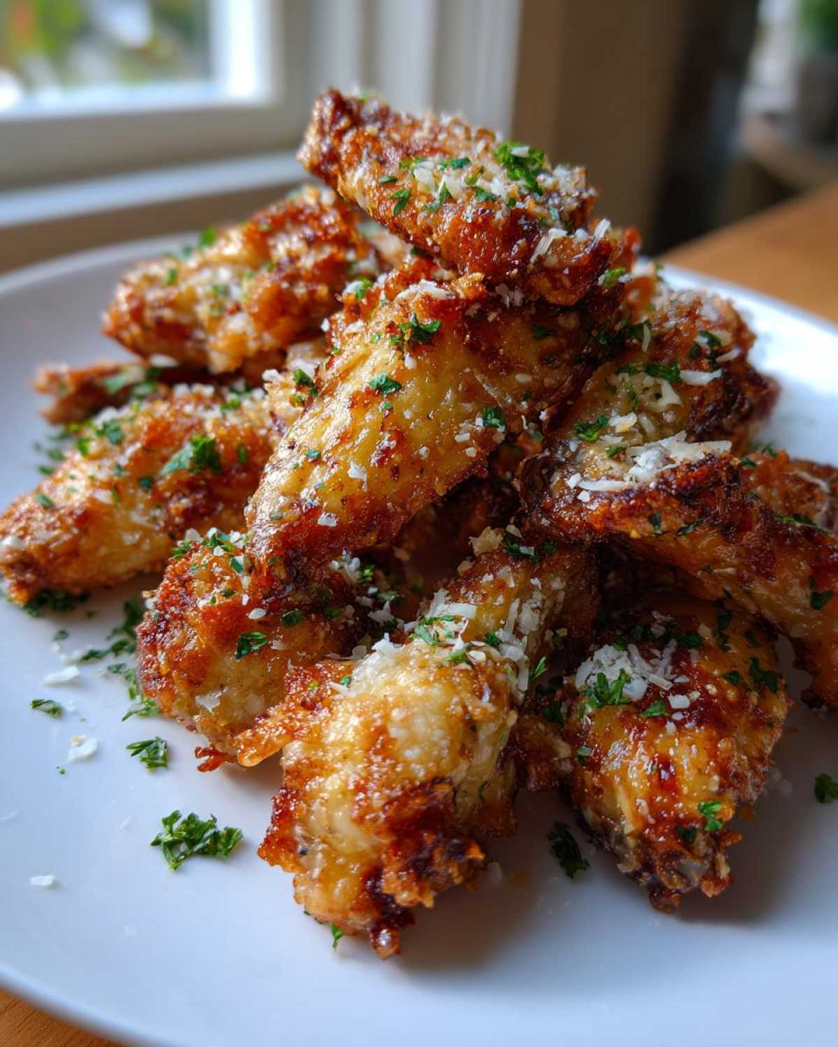 A pile of crispy Air Fryer Crispy Garlic Parmesan Chicken Wings topped with grated cheese and parsley.