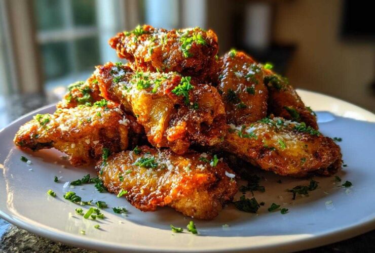 A pile of golden brown Air Fryer Crispy Garlic Parmesan Chicken Wings topped with grated cheese and fresh parsley.