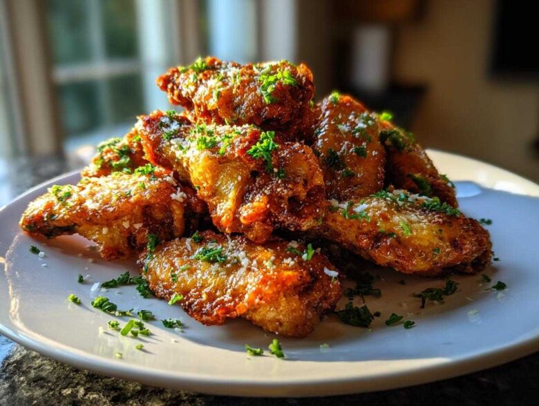 A pile of golden brown Air Fryer Crispy Garlic Parmesan Chicken Wings topped with grated cheese and fresh parsley.