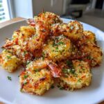 A pile of Air Fryer Crispy Garlic Parmesan Shrimp, golden brown and topped with grated cheese and parsley.