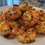 Close-up of golden brown Air Fryer Crispy Garlic Parmesan Shrimp piled on a white plate.