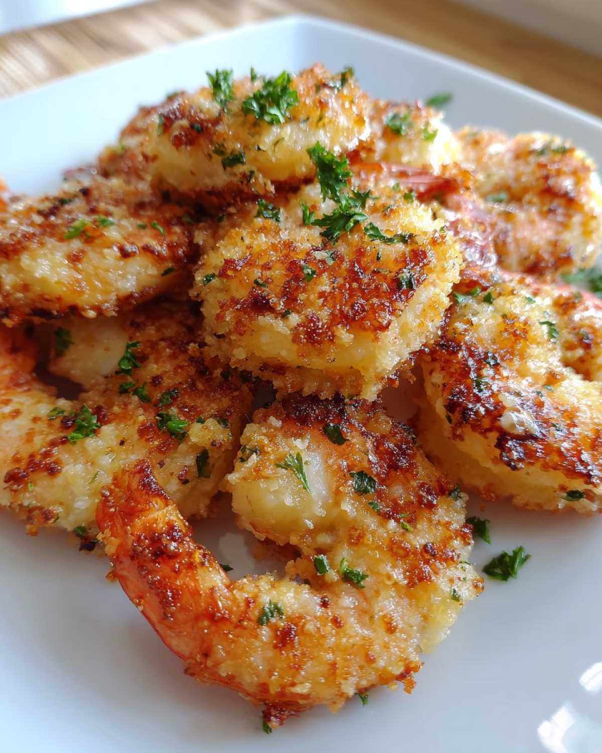 Close-up of golden brown Air Fryer Crispy Garlic Parmesan Shrimp piled on a white plate, garnished with parsley.