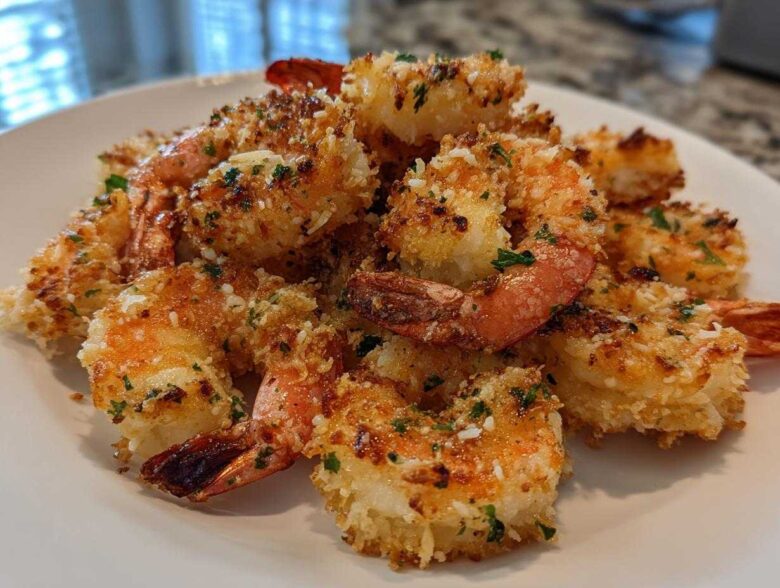 Close-up of golden brown Air Fryer Crispy Garlic Parmesan Shrimp piled on a white plate.