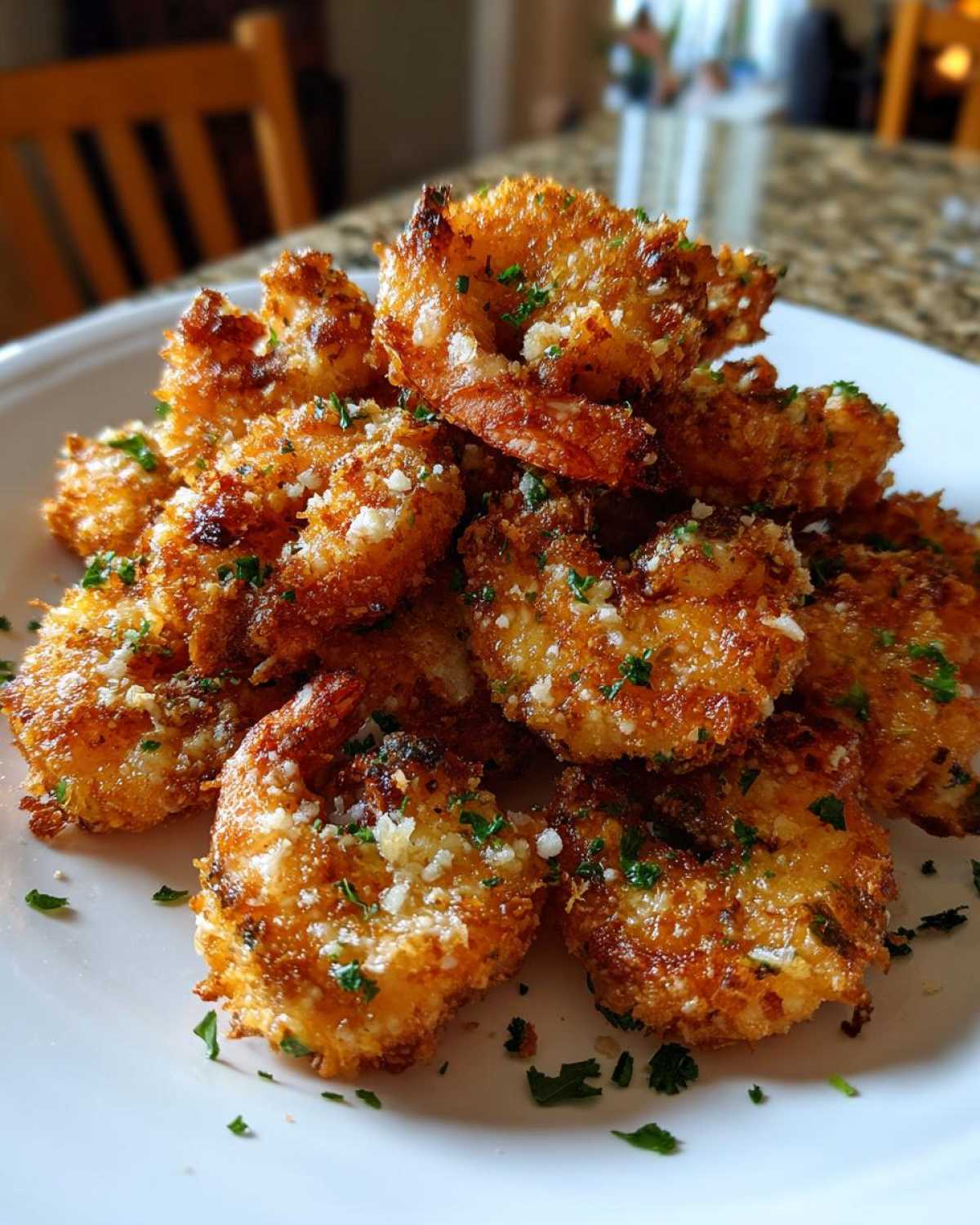 A pile of golden brown Air Fryer Crispy Garlic Parmesan Shrimp garnished with parsley on a white plate.