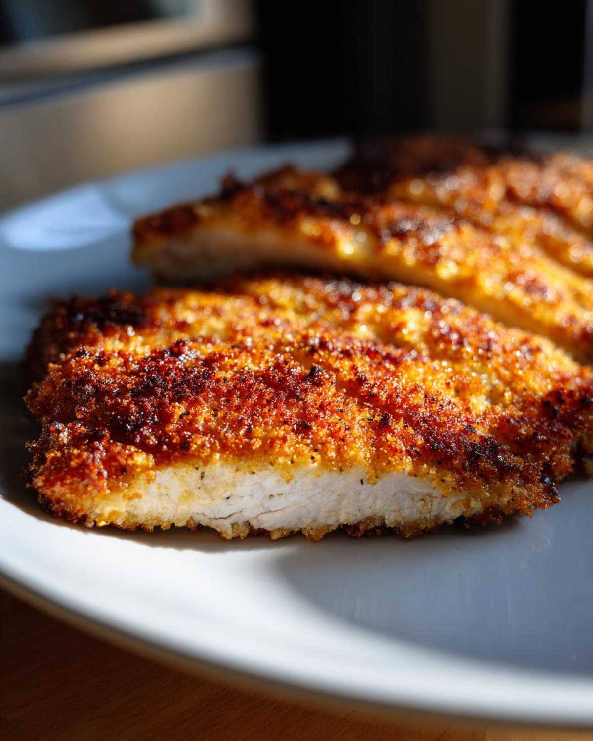 Close-up of a perfectly golden and crispy Air Fryer Crispy Parmesan Chicken Cutlet showing the white interior.