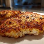 Close-up of a golden brown, crispy Air Fryer Crispy Parmesan Chicken Cutlet with a bite taken out.