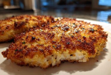 Close-up of a golden brown, crispy Air Fryer Crispy Parmesan Chicken Cutlet with a bite taken out.