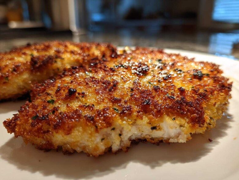 Close-up of a golden brown, crispy Air Fryer Crispy Parmesan Chicken Cutlet with a bite taken out.