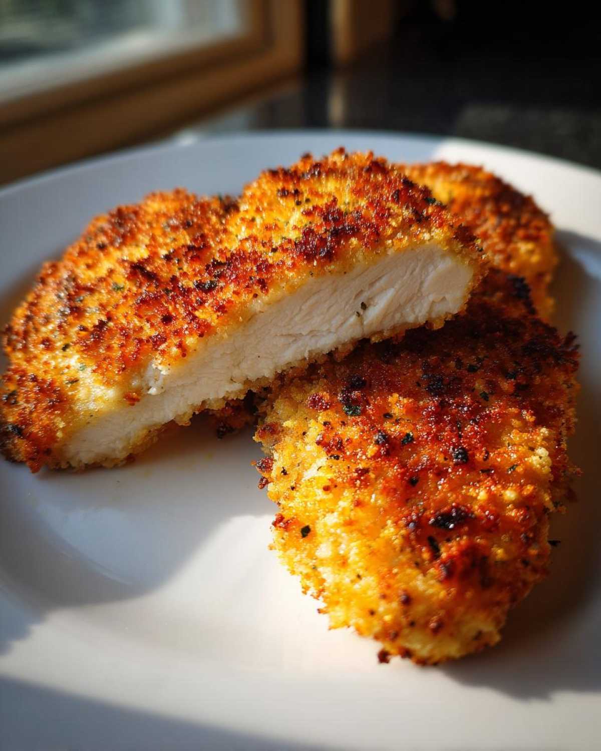 Close-up of Air Fryer Crispy Parmesan Chicken Cutlets, showing a golden-brown crust and juicy white interior.