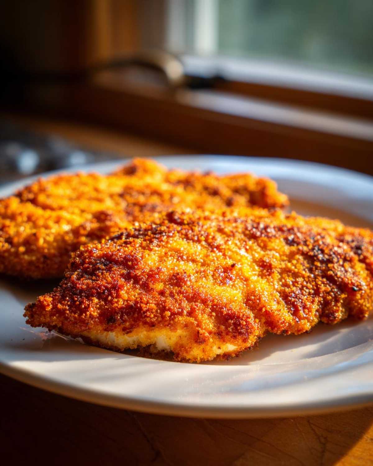 Two golden brown, crispy Air Fryer Crispy Parmesan Chicken Cutlets resting on a white plate.