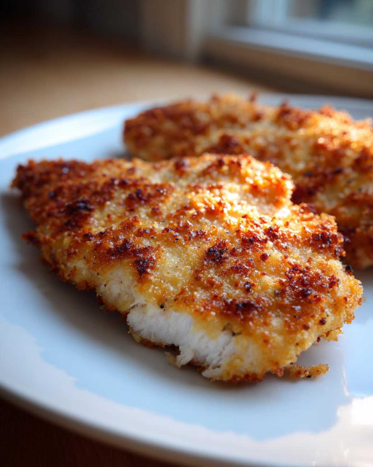 Close-up of two golden brown Air Fryer Crispy Parmesan Chicken Cutlets showing a white interior.