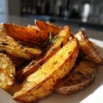 Close-up of golden brown Air Fryer Crispy Rosemary Potato Wedges seasoned with herbs on a white plate.