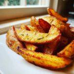 Close-up of golden brown Air Fryer Crispy Rosemary Potato Wedges seasoned with visible rosemary needles.