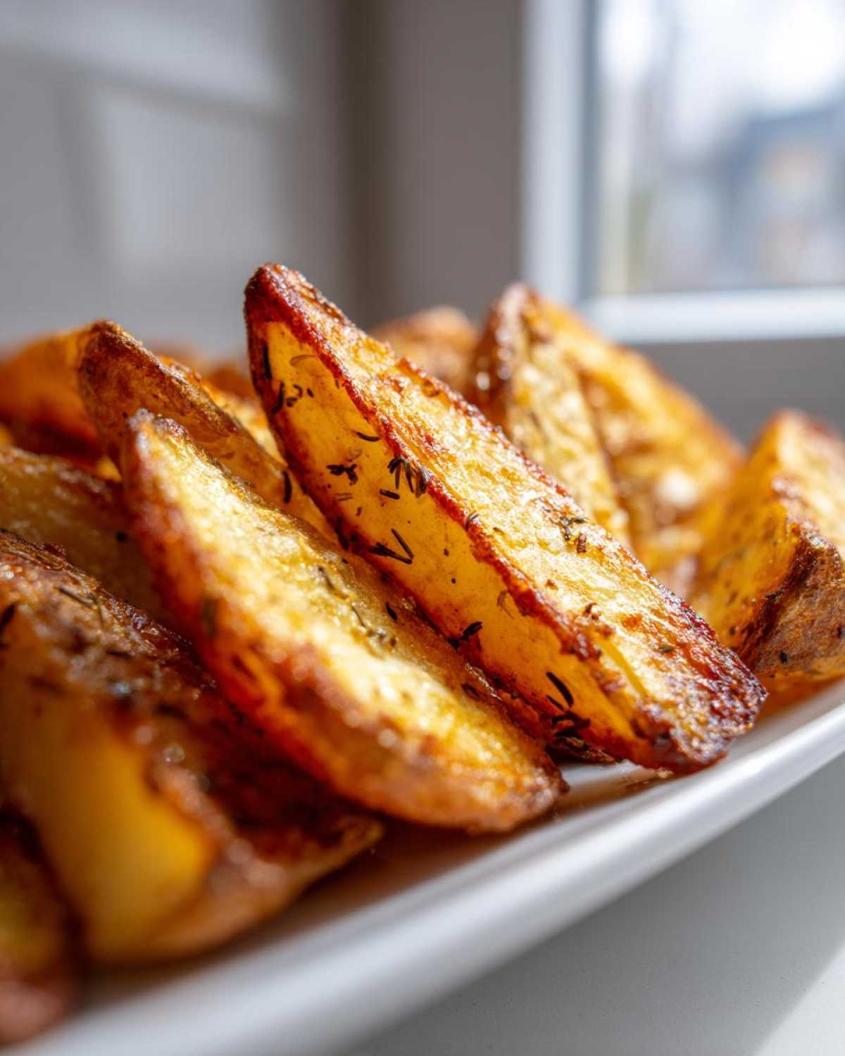 Close-up of golden brown, crispy Air Fryer Crispy Rosemary Potato Wedges seasoned with herbs on a white plate.