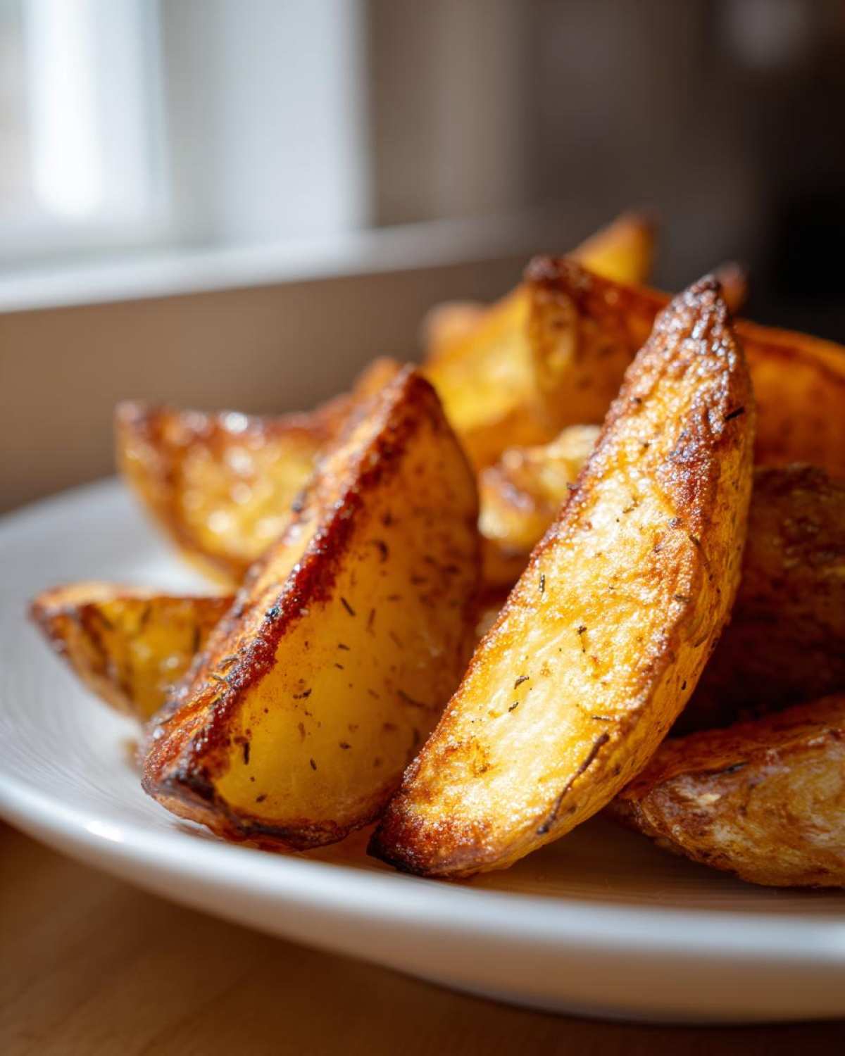 Close-up of golden brown, crispy Air Fryer Crispy Rosemary Potato Wedges seasoned with herbs on a white plate.