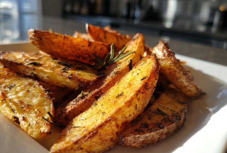Close-up of golden brown Air Fryer Crispy Rosemary Potato Wedges seasoned with herbs on a white plate.