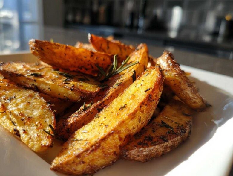 Close-up of golden brown Air Fryer Crispy Rosemary Potato Wedges seasoned with herbs on a white plate.