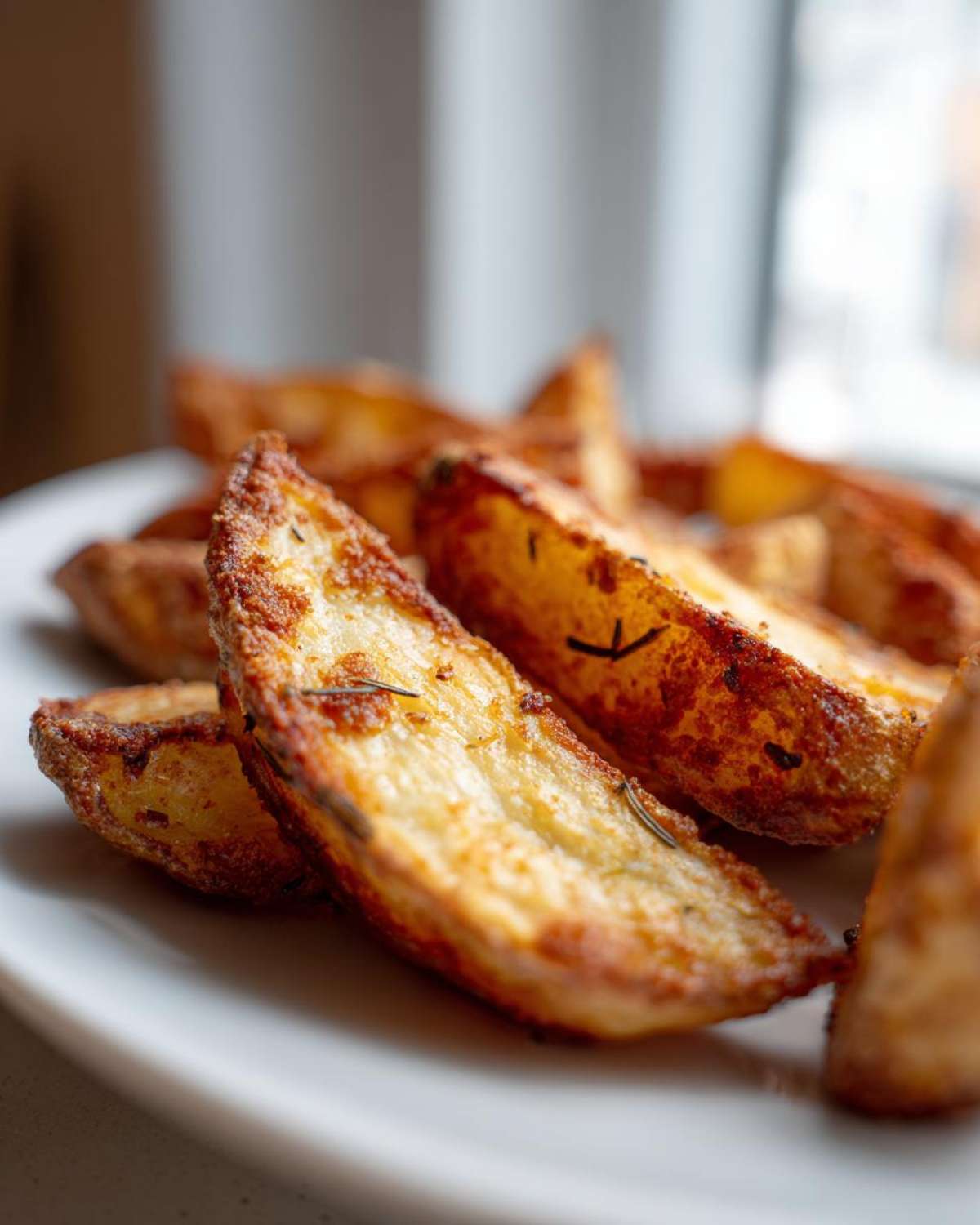 Close-up of golden brown Air Fryer Crispy Rosemary Potato Wedges seasoned with visible rosemary sprigs on a white plate.