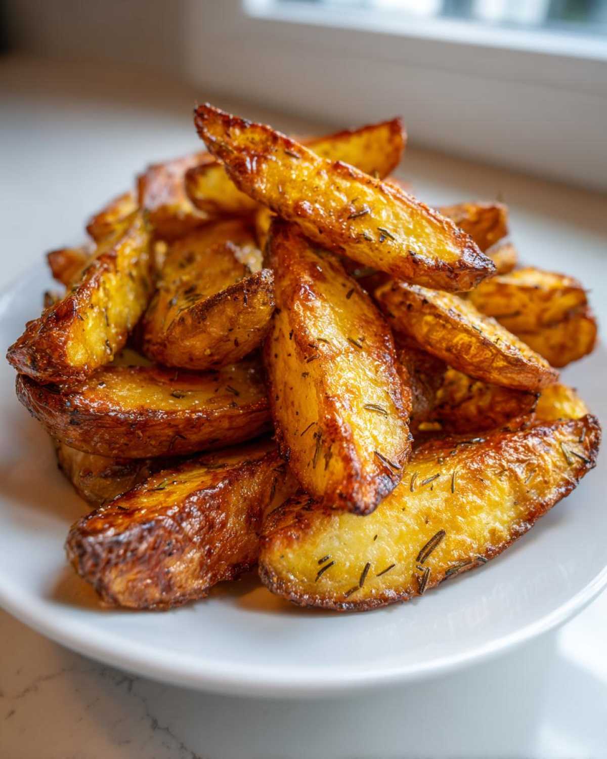A close-up of golden brown, crispy Air Fryer Crispy Rosemary Potato Wedges piled high on a white plate.