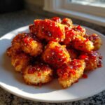 A close-up of crispy Air Fryer Crispy Sweet Chili Chicken Bites piled high on a white plate, glistening with sauce.