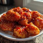 A close-up of golden, crispy Air Fryer Crispy Sweet Chili Chicken Bites coated in glossy sauce and sesame seeds.