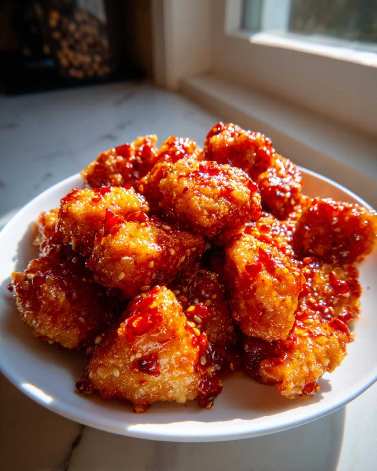 A pile of golden, crispy Air Fryer Crispy Sweet Chili Chicken Bites coated in a shiny, red sweet chili sauce and sesame seeds.