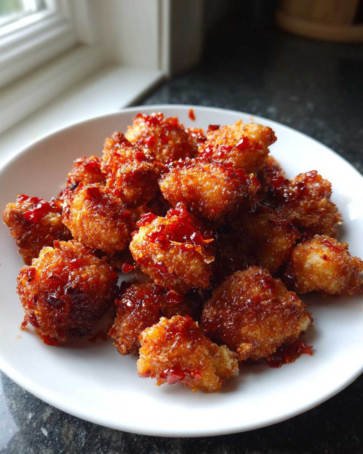A plate piled high with crispy Air Fryer Crispy Sweet Chili Chicken Bites coated in a glossy, red chili sauce.