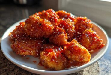 A close-up of golden, crispy Air Fryer Crispy Sweet Chili Chicken Bites coated in glossy sauce and sesame seeds.